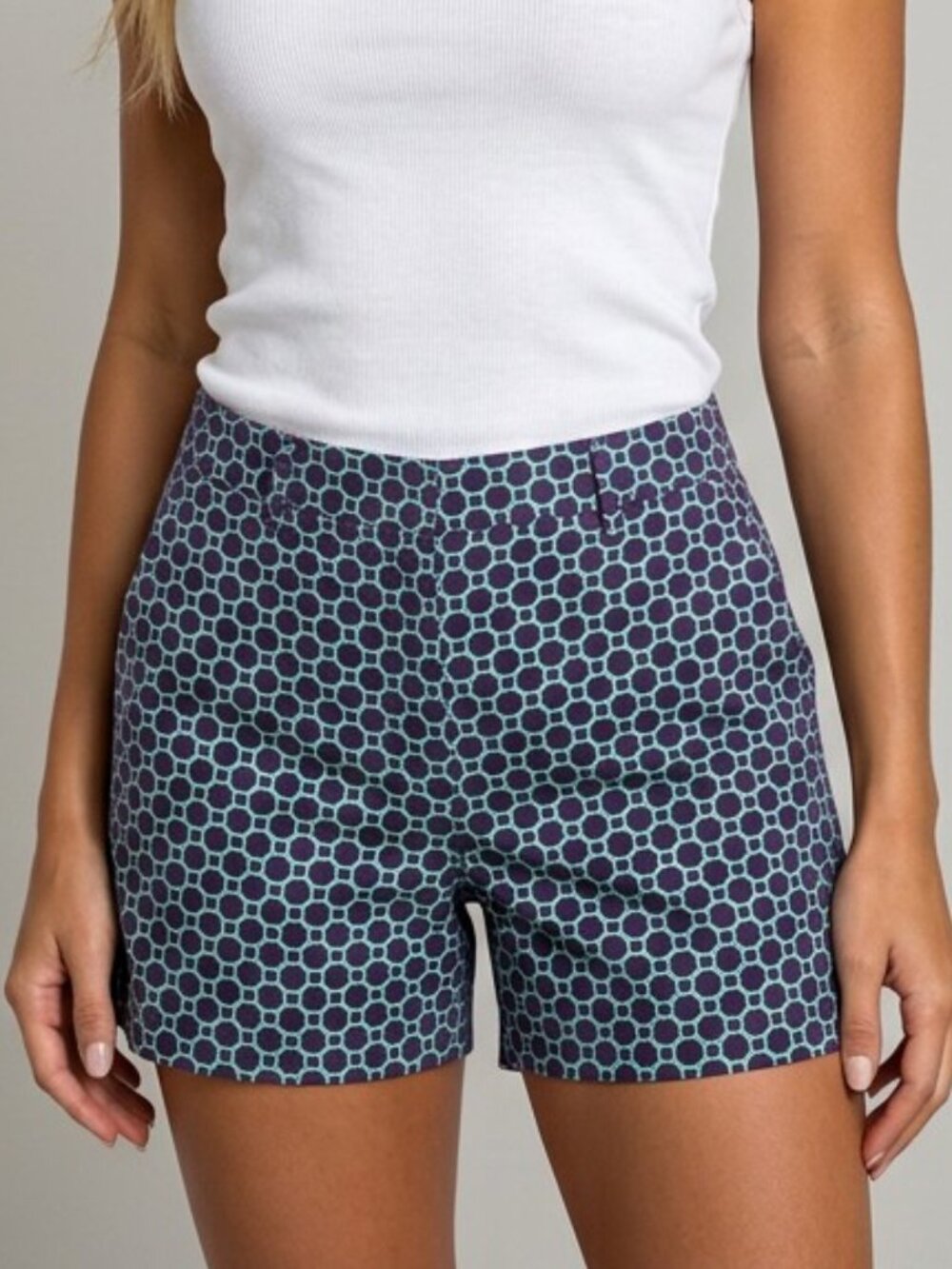 Lands End Chino Shorts Womens 6 Navy Green Print Mid Rise Cotton Stretch